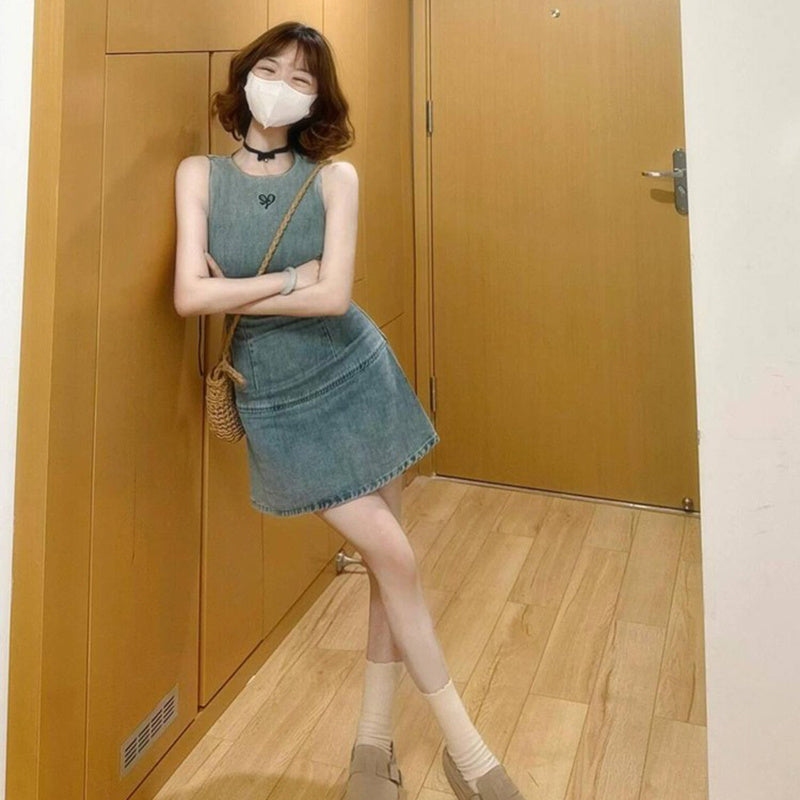 French Retro Women's Embroidered Denim Dress