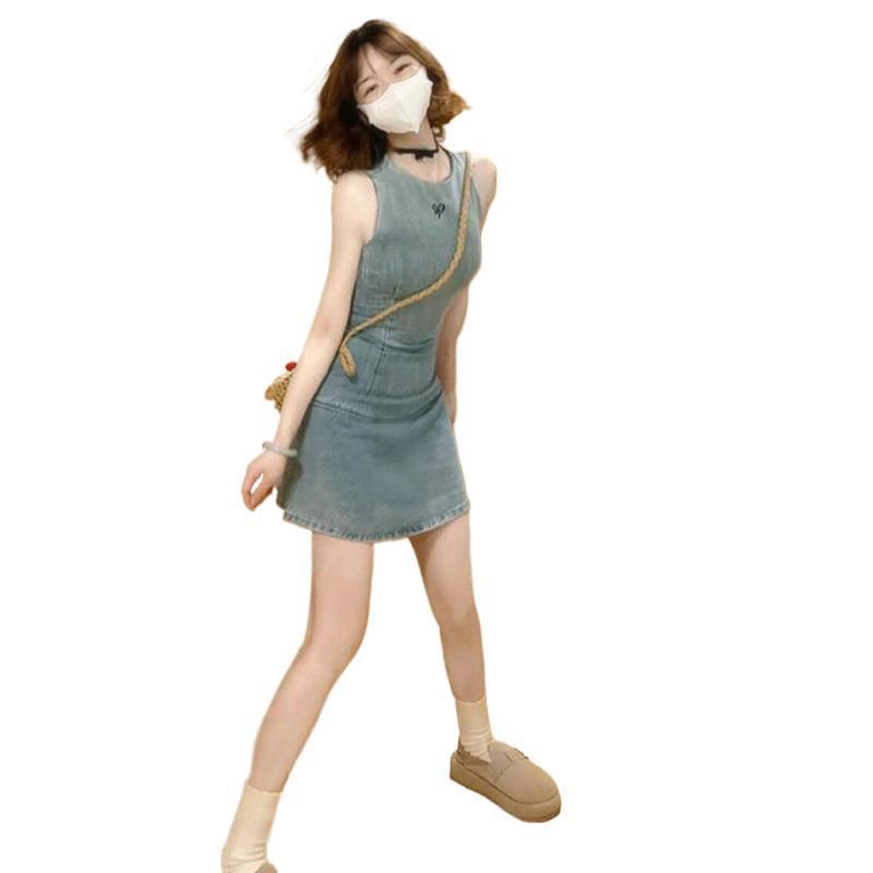 French Retro Women's Embroidered Denim Dress