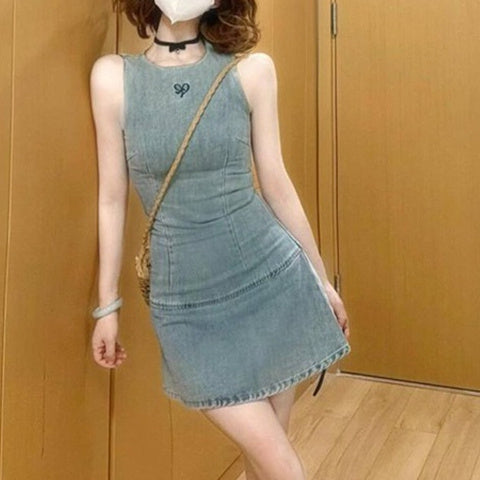 French Retro Women's Embroidered Denim Dress