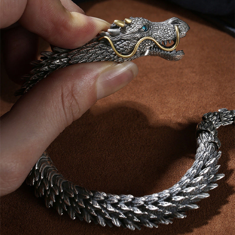 Men's Retro Dragon Head Bracelet – Pure Tibetan Silver Viking Biker Jewelry Gift