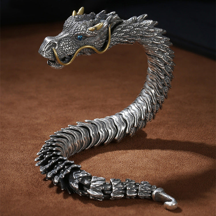 Men's Retro Dragon Head Bracelet – Pure Tibetan Silver Viking Biker Jewelry Gift
