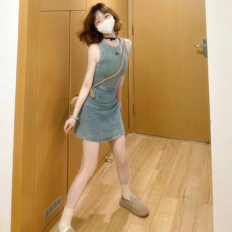 French Retro Women's Embroidered Denim Dress